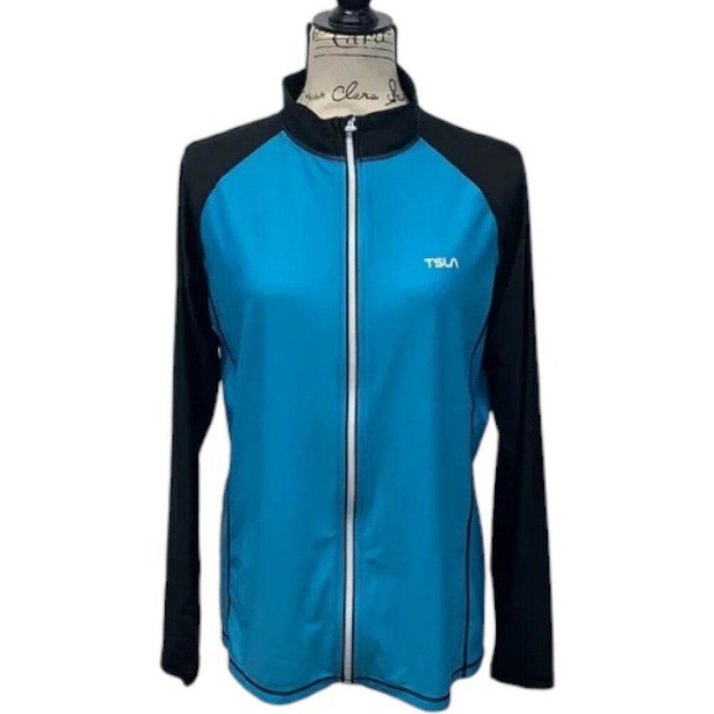 Tesla Authentic Women’s Light Weight Aqua Blue Black Raglan Full Zip Jacket MD
